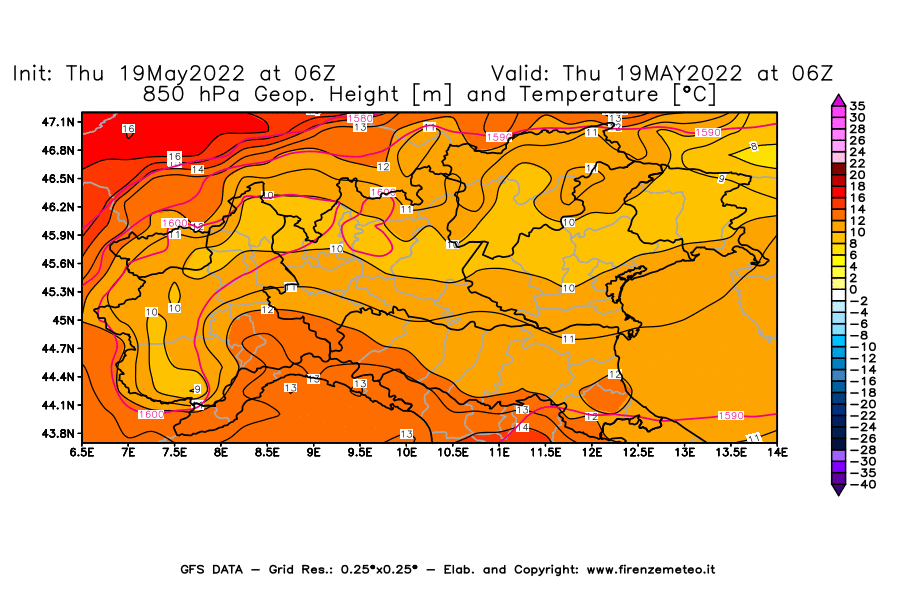 Mappa di analisi GFS - Geopotenziale [m] e Temperatura [°C] a 850 hPa in Nord-Italia
									del 19/05/2022 06 <!--googleoff: index-->UTC<!--googleon: index-->