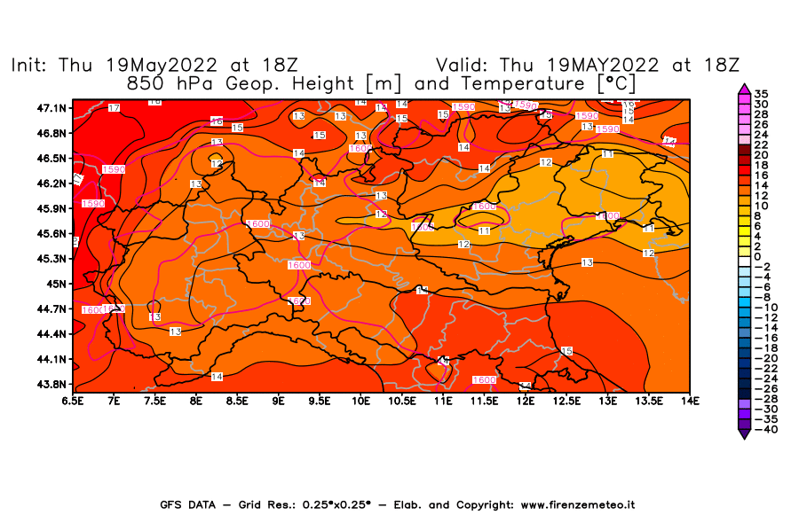 Mappa di analisi GFS - Geopotenziale [m] e Temperatura [°C] a 850 hPa in Nord-Italia
									del 19/05/2022 18 <!--googleoff: index-->UTC<!--googleon: index-->