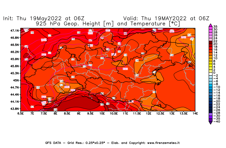 Mappa di analisi GFS - Geopotenziale [m] e Temperatura [°C] a 925 hPa in Nord-Italia
									del 19/05/2022 06 <!--googleoff: index-->UTC<!--googleon: index-->
