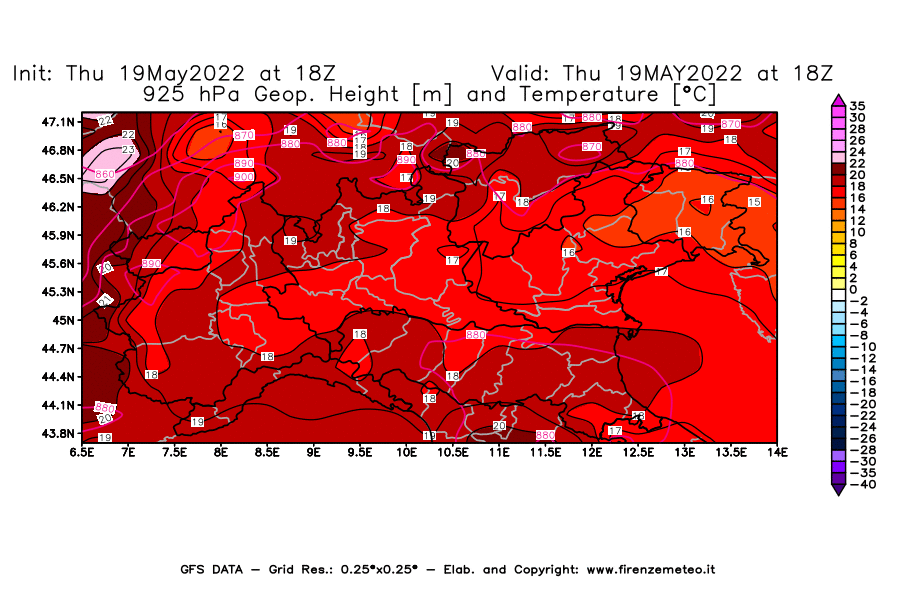 Mappa di analisi GFS - Geopotenziale [m] e Temperatura [°C] a 925 hPa in Nord-Italia
									del 19/05/2022 18 <!--googleoff: index-->UTC<!--googleon: index-->