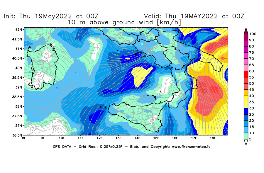 Mappa di analisi GFS - Velocità del vento a 10 metri dal suolo [km/h] in Sud-Italia
									del 19/05/2022 00 <!--googleoff: index-->UTC<!--googleon: index-->