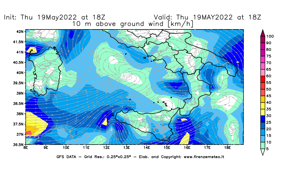 Mappa di analisi GFS - Velocità del vento a 10 metri dal suolo [km/h] in Sud-Italia
									del 19/05/2022 18 <!--googleoff: index-->UTC<!--googleon: index-->