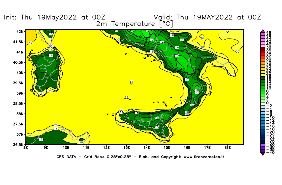Mappa di analisi GFS - Temperatura a 2 metri dal suolo [°C] in Sud-Italia
									del 19/05/2022 00 <!--googleoff: index-->UTC<!--googleon: index-->