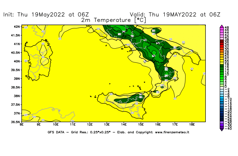 Mappa di analisi GFS - Temperatura a 2 metri dal suolo [°C] in Sud-Italia
									del 19/05/2022 06 <!--googleoff: index-->UTC<!--googleon: index-->