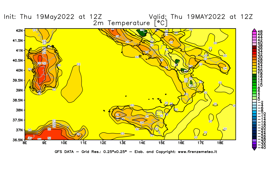 Mappa di analisi GFS - Temperatura a 2 metri dal suolo [°C] in Sud-Italia
									del 19/05/2022 12 <!--googleoff: index-->UTC<!--googleon: index-->