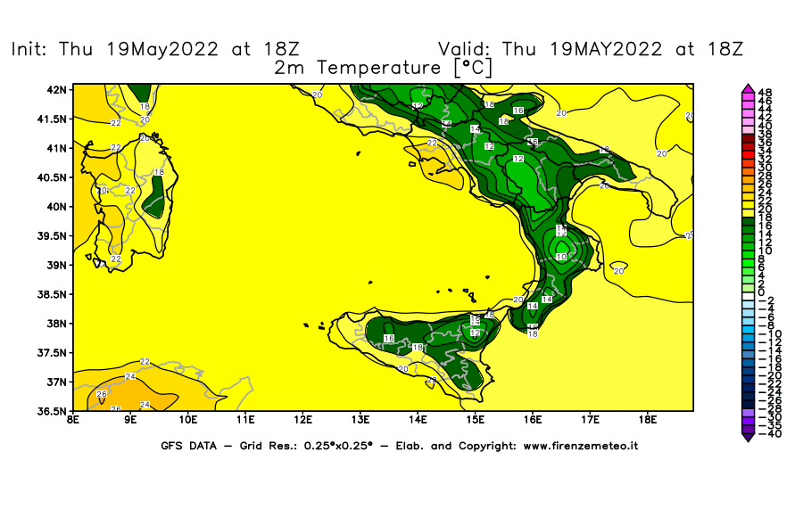 Mappa di analisi GFS - Temperatura a 2 metri dal suolo [°C] in Sud-Italia
									del 19/05/2022 18 <!--googleoff: index-->UTC<!--googleon: index-->