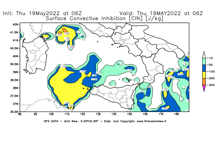 Mappa di analisi GFS - CIN [J/kg] in Sud-Italia
									del 19/05/2022 06 <!--googleoff: index-->UTC<!--googleon: index-->