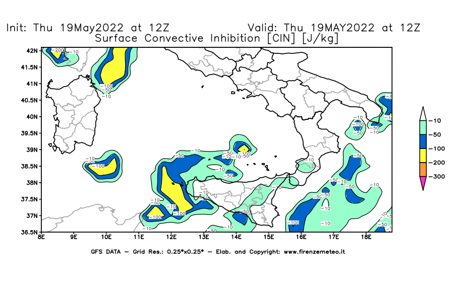 Mappa di analisi GFS - CIN [J/kg] in Sud-Italia
									del 19/05/2022 12 <!--googleoff: index-->UTC<!--googleon: index-->