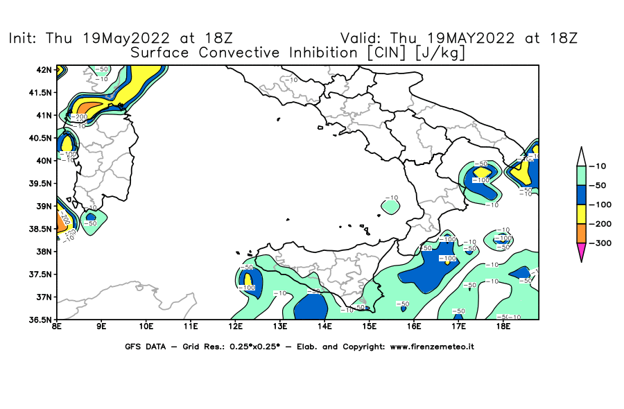 Mappa di analisi GFS - CIN [J/kg] in Sud-Italia
									del 19/05/2022 18 <!--googleoff: index-->UTC<!--googleon: index-->