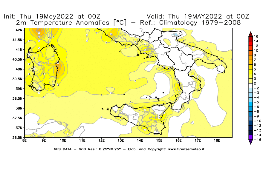 Mappa di analisi GFS - Anomalia Temperatura [°C] a 2 m in Sud-Italia
									del 19/05/2022 00 <!--googleoff: index-->UTC<!--googleon: index-->