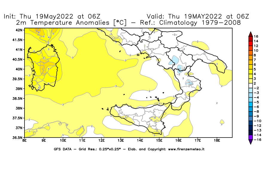 Mappa di analisi GFS - Anomalia Temperatura [°C] a 2 m in Sud-Italia
									del 19/05/2022 06 <!--googleoff: index-->UTC<!--googleon: index-->