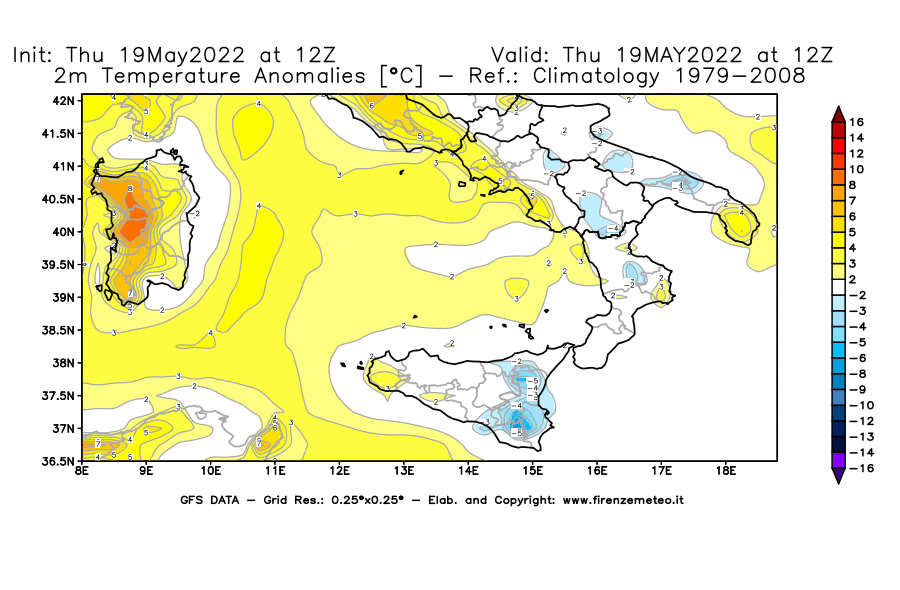 Mappa di analisi GFS - Anomalia Temperatura [°C] a 2 m in Sud-Italia
									del 19/05/2022 12 <!--googleoff: index-->UTC<!--googleon: index-->