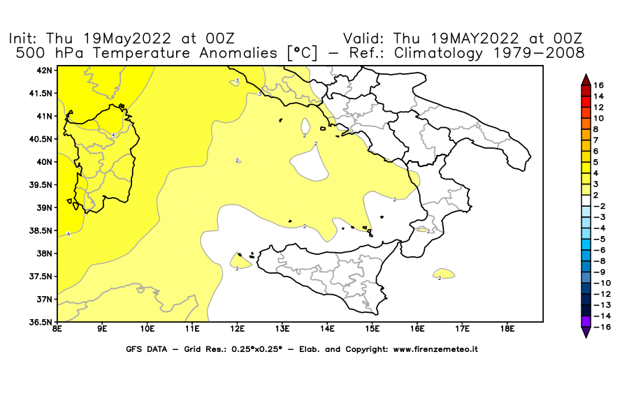 Mappa di analisi GFS - Anomalia Temperatura [°C] a 500 hPa in Sud-Italia
									del 19/05/2022 00 <!--googleoff: index-->UTC<!--googleon: index-->