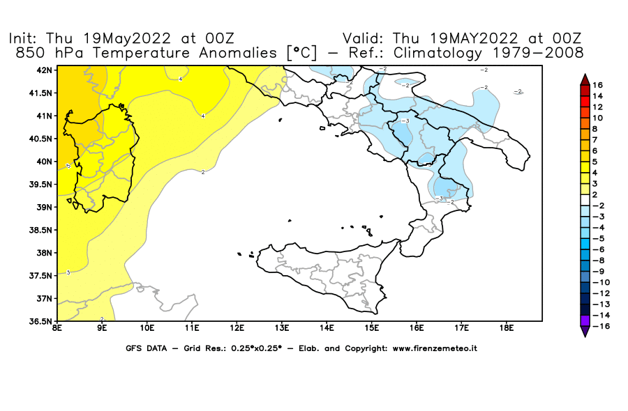 Mappa di analisi GFS - Anomalia Temperatura [°C] a 850 hPa in Sud-Italia
									del 19/05/2022 00 <!--googleoff: index-->UTC<!--googleon: index-->