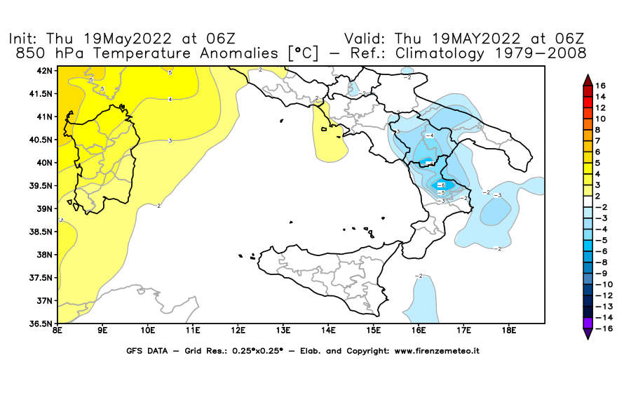 Mappa di analisi GFS - Anomalia Temperatura [°C] a 850 hPa in Sud-Italia
									del 19/05/2022 06 <!--googleoff: index-->UTC<!--googleon: index-->
