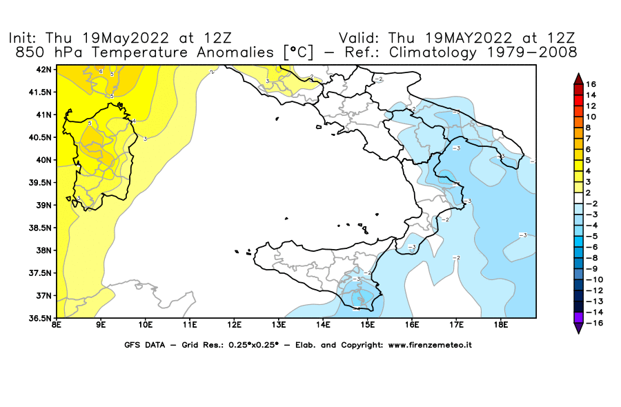 Mappa di analisi GFS - Anomalia Temperatura [°C] a 850 hPa in Sud-Italia
									del 19/05/2022 12 <!--googleoff: index-->UTC<!--googleon: index-->