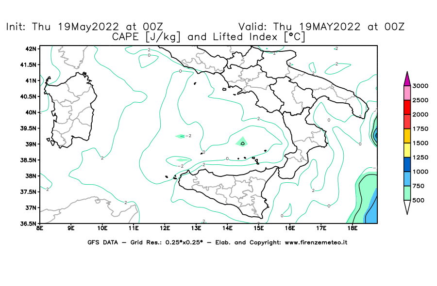 Mappa di analisi GFS - CAPE [J/kg] e Lifted Index [°C] in Sud-Italia
									del 19/05/2022 00 <!--googleoff: index-->UTC<!--googleon: index-->