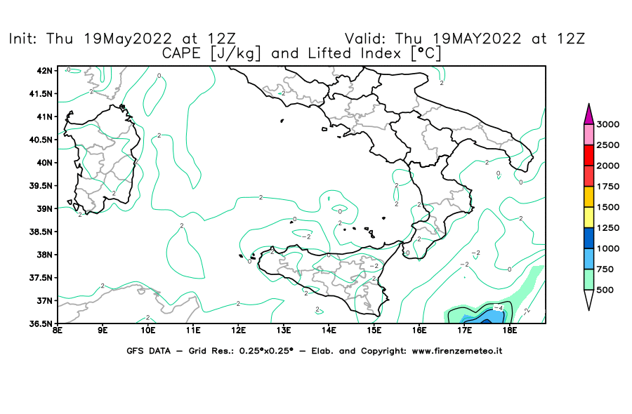 Mappa di analisi GFS - CAPE [J/kg] e Lifted Index [°C] in Sud-Italia
									del 19/05/2022 12 <!--googleoff: index-->UTC<!--googleon: index-->