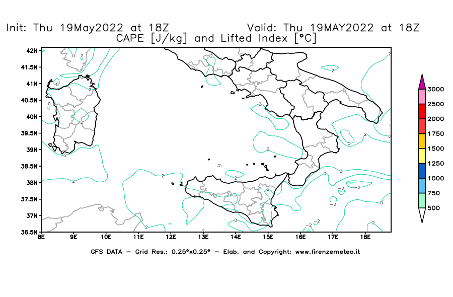 Mappa di analisi GFS - CAPE [J/kg] e Lifted Index [°C] in Sud-Italia
									del 19/05/2022 18 <!--googleoff: index-->UTC<!--googleon: index-->