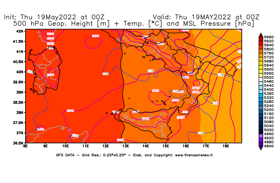 Mappa di analisi GFS - Geopotenziale [m] + Temp. [°C] a 500 hPa + Press. a livello del mare [hPa] in Sud-Italia
									del 19/05/2022 00 <!--googleoff: index-->UTC<!--googleon: index-->