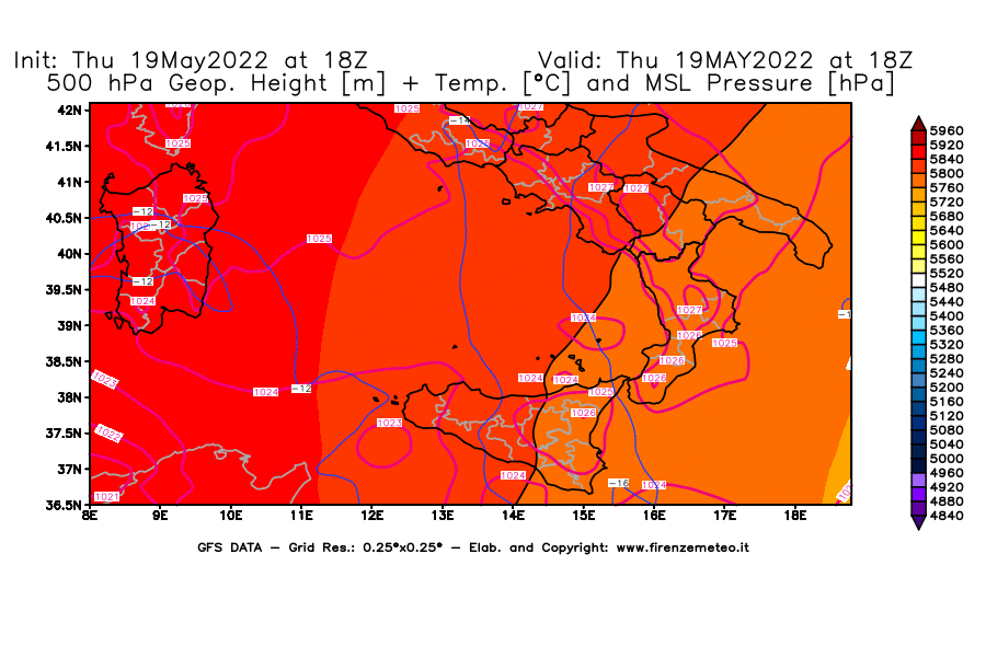 Mappa di analisi GFS - Geopotenziale [m] + Temp. [°C] a 500 hPa + Press. a livello del mare [hPa] in Sud-Italia
									del 19/05/2022 18 <!--googleoff: index-->UTC<!--googleon: index-->