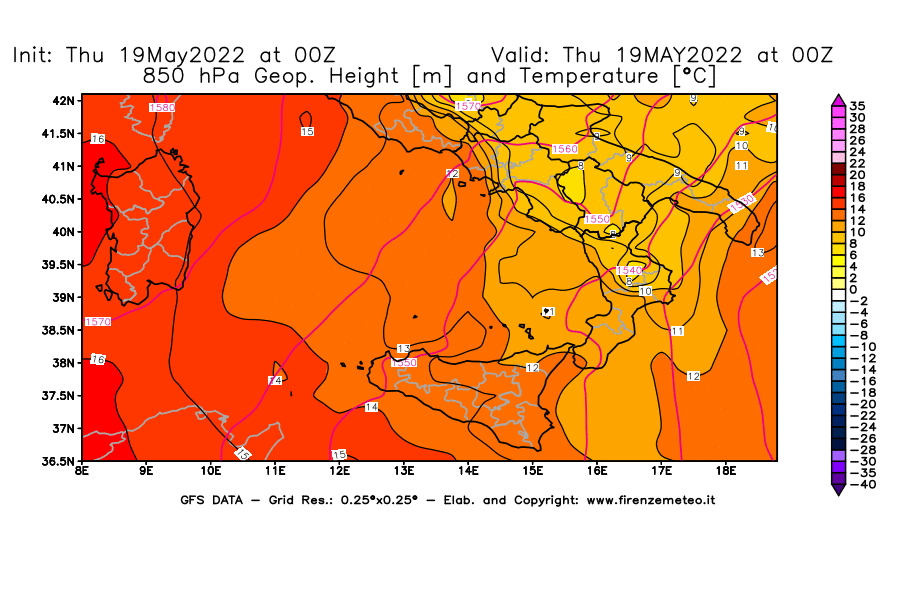 Mappa di analisi GFS - Geopotenziale [m] e Temperatura [°C] a 850 hPa in Sud-Italia
									del 19/05/2022 00 <!--googleoff: index-->UTC<!--googleon: index-->