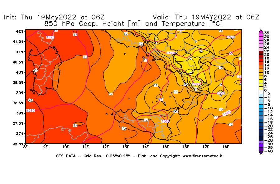 Mappa di analisi GFS - Geopotenziale [m] e Temperatura [°C] a 850 hPa in Sud-Italia
									del 19/05/2022 06 <!--googleoff: index-->UTC<!--googleon: index-->