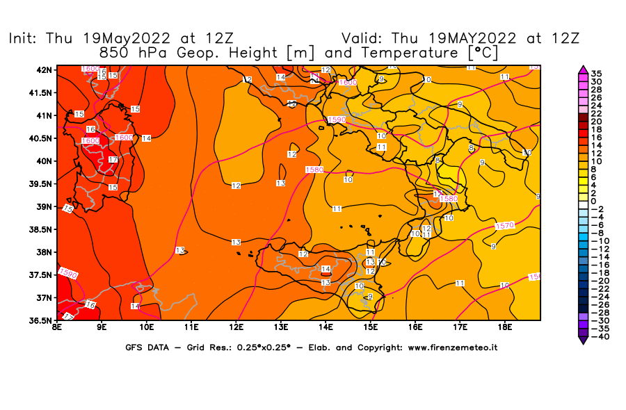 Mappa di analisi GFS - Geopotenziale [m] e Temperatura [°C] a 850 hPa in Sud-Italia
									del 19/05/2022 12 <!--googleoff: index-->UTC<!--googleon: index-->
