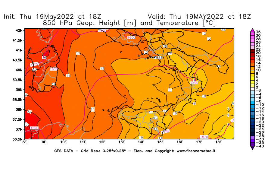 Mappa di analisi GFS - Geopotenziale [m] e Temperatura [°C] a 850 hPa in Sud-Italia
									del 19/05/2022 18 <!--googleoff: index-->UTC<!--googleon: index-->
