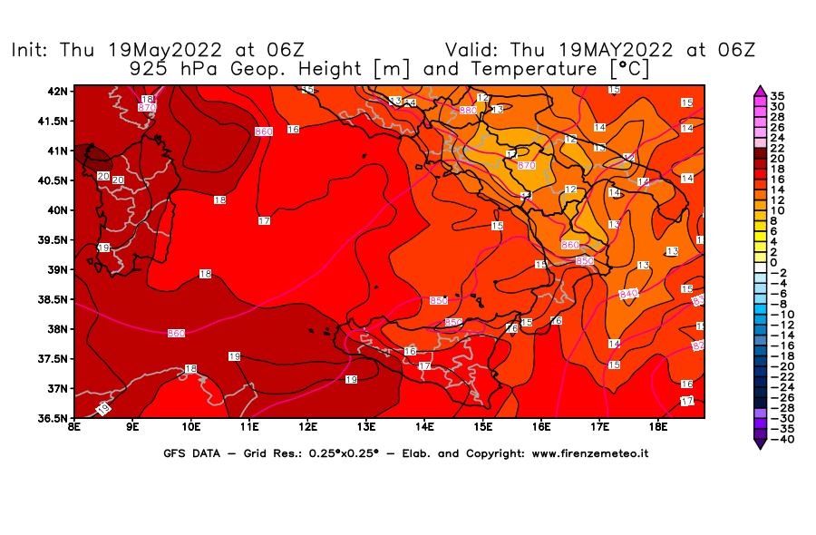 Mappa di analisi GFS - Geopotenziale [m] e Temperatura [°C] a 925 hPa in Sud-Italia
									del 19/05/2022 06 <!--googleoff: index-->UTC<!--googleon: index-->