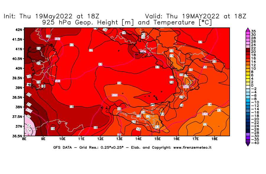 Mappa di analisi GFS - Geopotenziale [m] e Temperatura [°C] a 925 hPa in Sud-Italia
									del 19/05/2022 18 <!--googleoff: index-->UTC<!--googleon: index-->