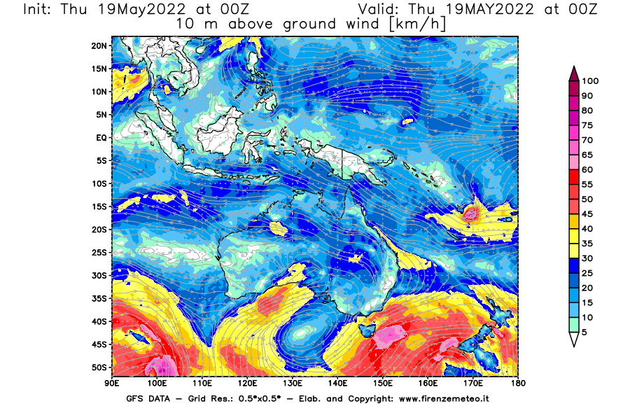 Mappa di analisi GFS - Velocità del vento a 10 metri dal suolo [km/h] in Oceania
									del 19/05/2022 00 <!--googleoff: index-->UTC<!--googleon: index-->