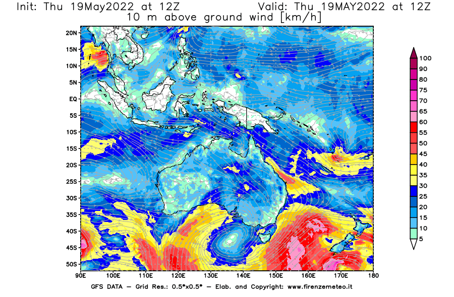Mappa di analisi GFS - Velocità del vento a 10 metri dal suolo [km/h] in Oceania
									del 19/05/2022 12 <!--googleoff: index-->UTC<!--googleon: index-->
