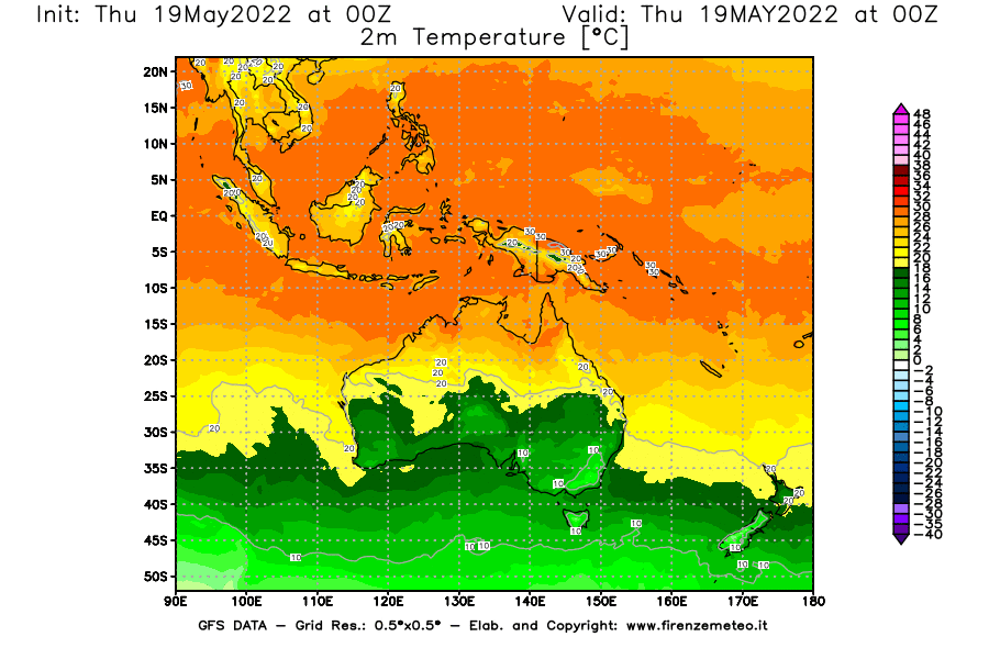 Mappa di analisi GFS - Temperatura a 2 metri dal suolo [°C] in Oceania
									del 19/05/2022 00 <!--googleoff: index-->UTC<!--googleon: index-->