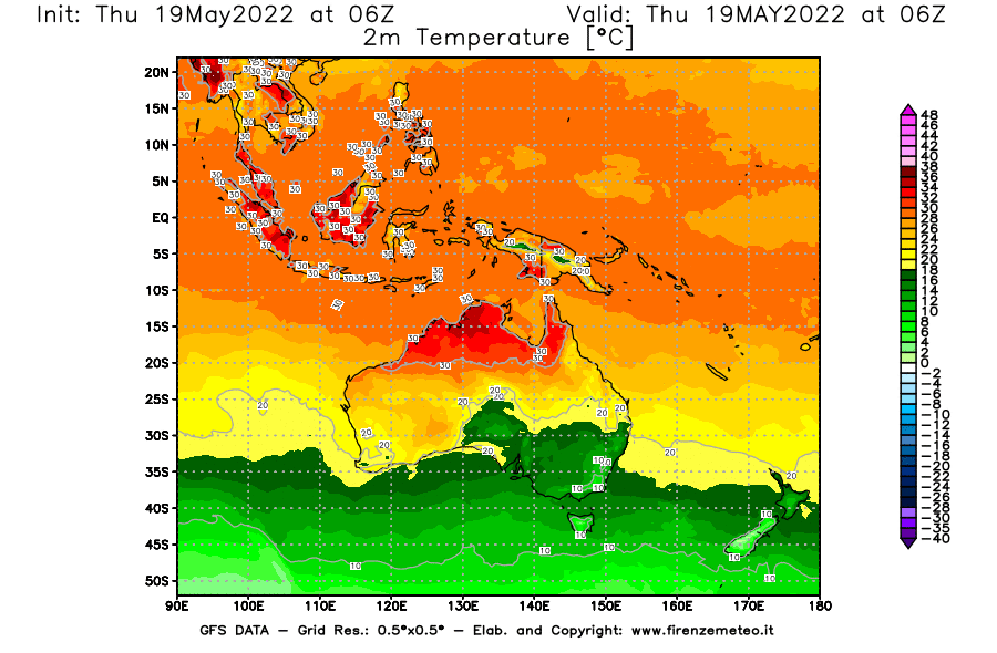Mappa di analisi GFS - Temperatura a 2 metri dal suolo [°C] in Oceania
									del 19/05/2022 06 <!--googleoff: index-->UTC<!--googleon: index-->