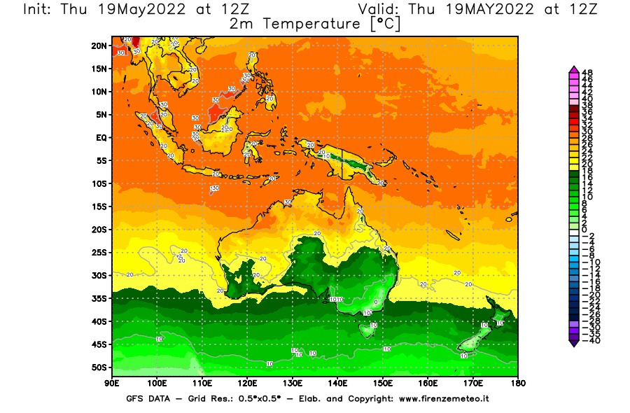 Mappa di analisi GFS - Temperatura a 2 metri dal suolo [°C] in Oceania
									del 19/05/2022 12 <!--googleoff: index-->UTC<!--googleon: index-->
