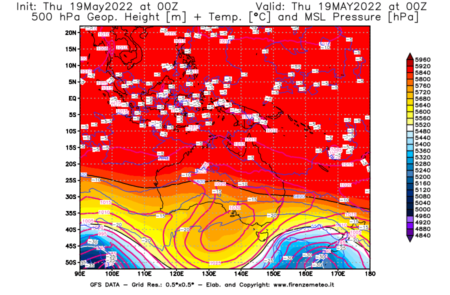 Mappa di analisi GFS - Geopotenziale [m] + Temp. [°C] a 500 hPa + Press. a livello del mare [hPa] in Oceania
									del 19/05/2022 00 <!--googleoff: index-->UTC<!--googleon: index-->