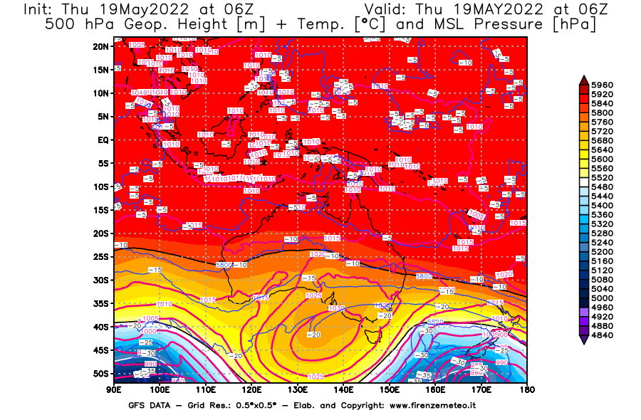 Mappa di analisi GFS - Geopotenziale [m] + Temp. [°C] a 500 hPa + Press. a livello del mare [hPa] in Oceania
									del 19/05/2022 06 <!--googleoff: index-->UTC<!--googleon: index-->