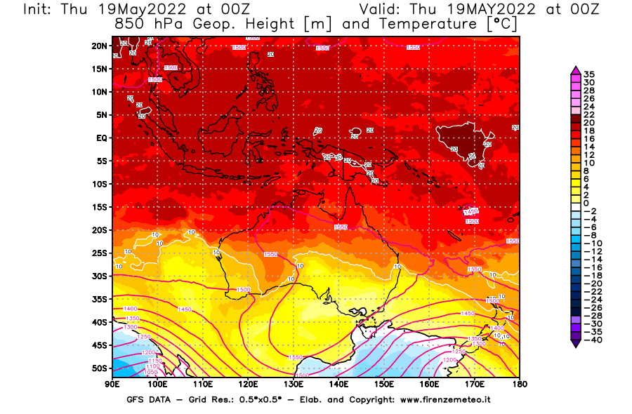 Mappa di analisi GFS - Geopotenziale [m] e Temperatura [°C] a 850 hPa in Oceania
									del 19/05/2022 00 <!--googleoff: index-->UTC<!--googleon: index-->