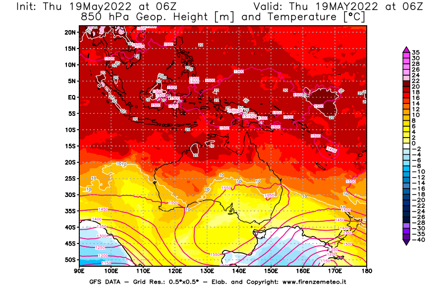 Mappa di analisi GFS - Geopotenziale [m] e Temperatura [°C] a 850 hPa in Oceania
									del 19/05/2022 06 <!--googleoff: index-->UTC<!--googleon: index-->