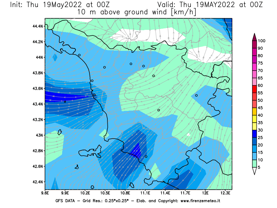 Mappa di analisi GFS - Velocità del vento a 10 metri dal suolo [km/h] in Toscana
									del 19/05/2022 00 <!--googleoff: index-->UTC<!--googleon: index-->