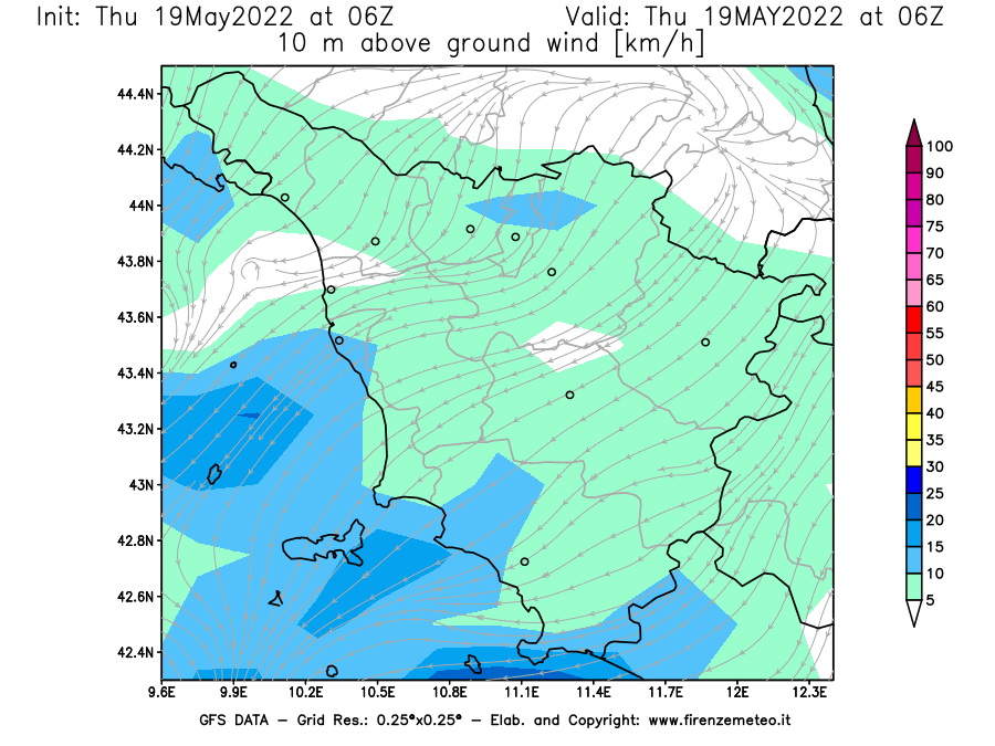 Mappa di analisi GFS - Velocità del vento a 10 metri dal suolo [km/h] in Toscana
									del 19/05/2022 06 <!--googleoff: index-->UTC<!--googleon: index-->