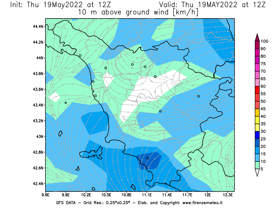Mappa di analisi GFS - Velocità del vento a 10 metri dal suolo [km/h] in Toscana
									del 19/05/2022 12 <!--googleoff: index-->UTC<!--googleon: index-->