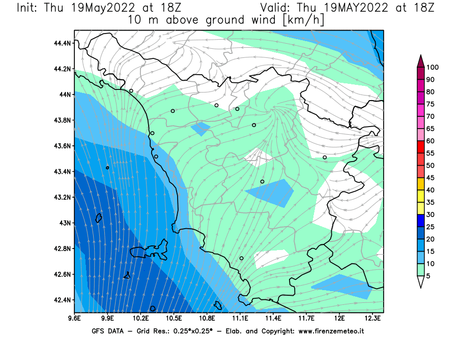 Mappa di analisi GFS - Velocità del vento a 10 metri dal suolo [km/h] in Toscana
									del 19/05/2022 18 <!--googleoff: index-->UTC<!--googleon: index-->