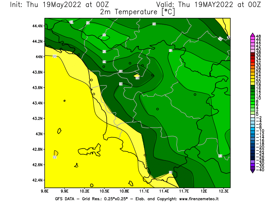 Mappa di analisi GFS - Temperatura a 2 metri dal suolo [°C] in Toscana
									del 19/05/2022 00 <!--googleoff: index-->UTC<!--googleon: index-->