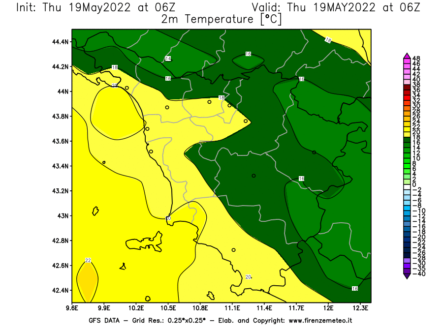 Mappa di analisi GFS - Temperatura a 2 metri dal suolo [°C] in Toscana
									del 19/05/2022 06 <!--googleoff: index-->UTC<!--googleon: index-->