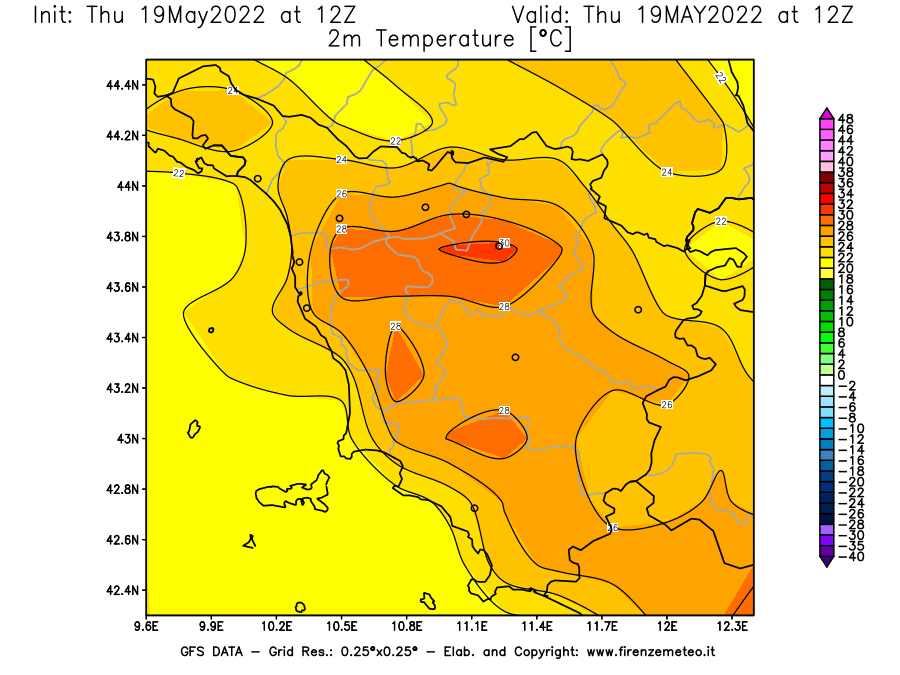 Mappa di analisi GFS - Temperatura a 2 metri dal suolo [°C] in Toscana
									del 19/05/2022 12 <!--googleoff: index-->UTC<!--googleon: index-->