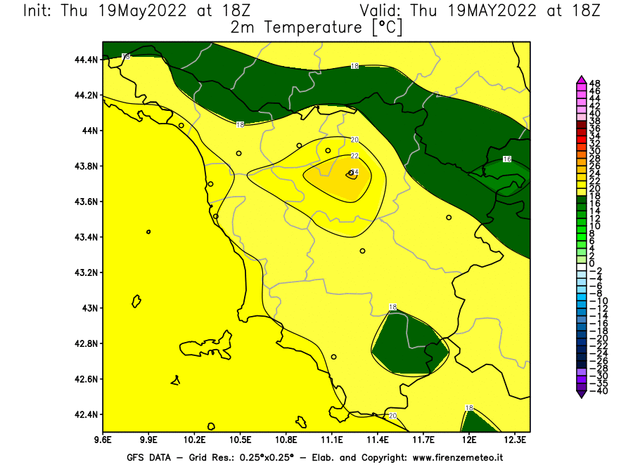 Mappa di analisi GFS - Temperatura a 2 metri dal suolo [°C] in Toscana
									del 19/05/2022 18 <!--googleoff: index-->UTC<!--googleon: index-->
