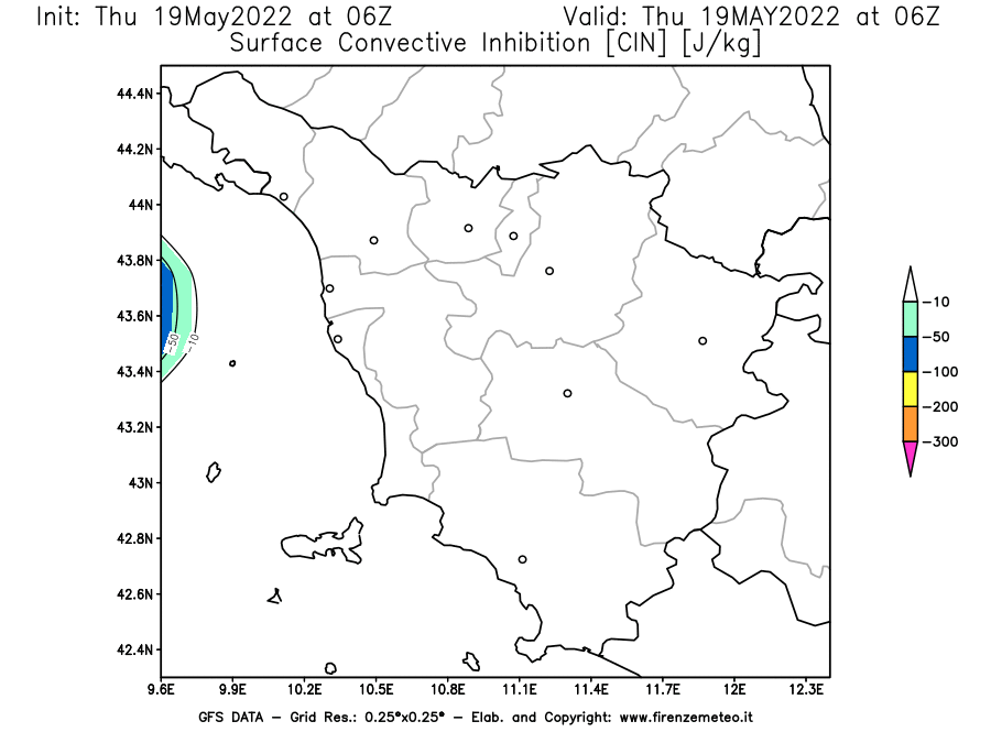 Mappa di analisi GFS - CIN [J/kg] in Toscana
									del 19/05/2022 06 <!--googleoff: index-->UTC<!--googleon: index-->