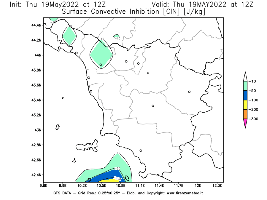 Mappa di analisi GFS - CIN [J/kg] in Toscana
									del 19/05/2022 12 <!--googleoff: index-->UTC<!--googleon: index-->